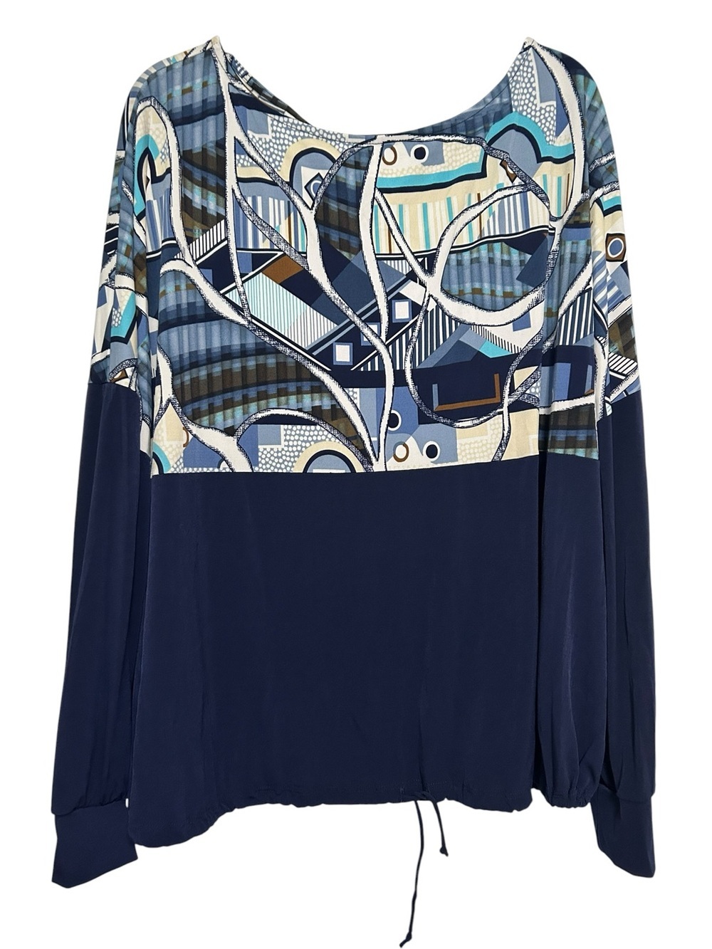 42POPS Print Color Block Drawstring Blouson Top Navy Blue Geometric Plus Size